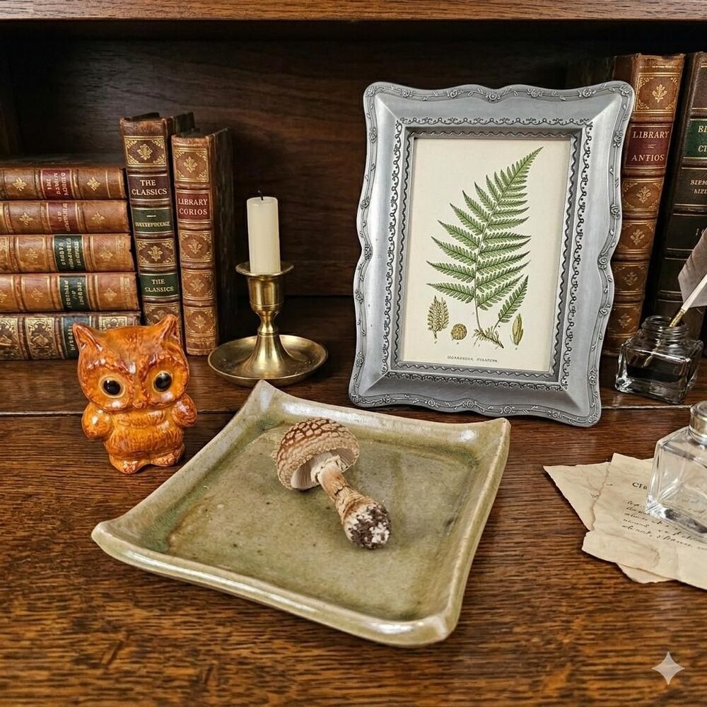 Curated Dark Academia Decor Set: Pewter Frame, Green Pottery Tray, Ceramic Owl